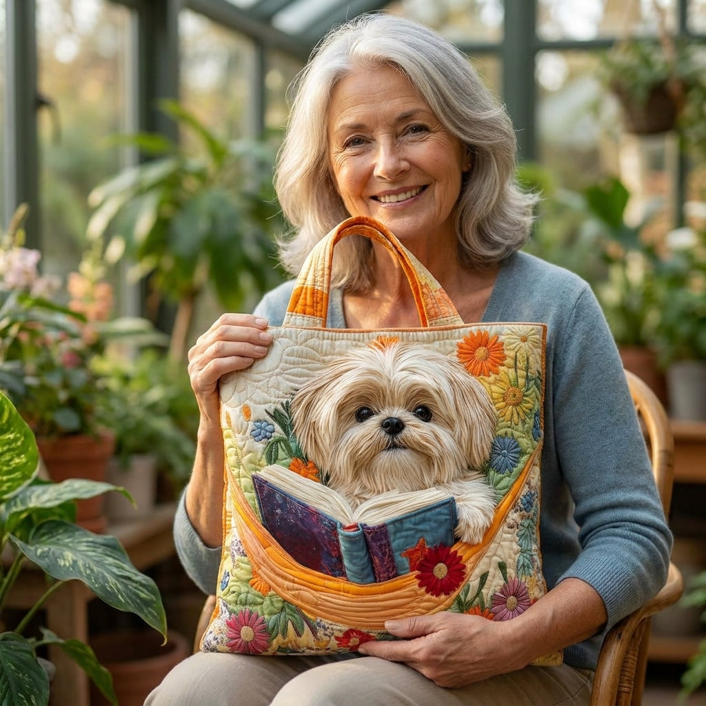 Ambachtelijke Tas - Shih Tzu met Boeken en Bloemen