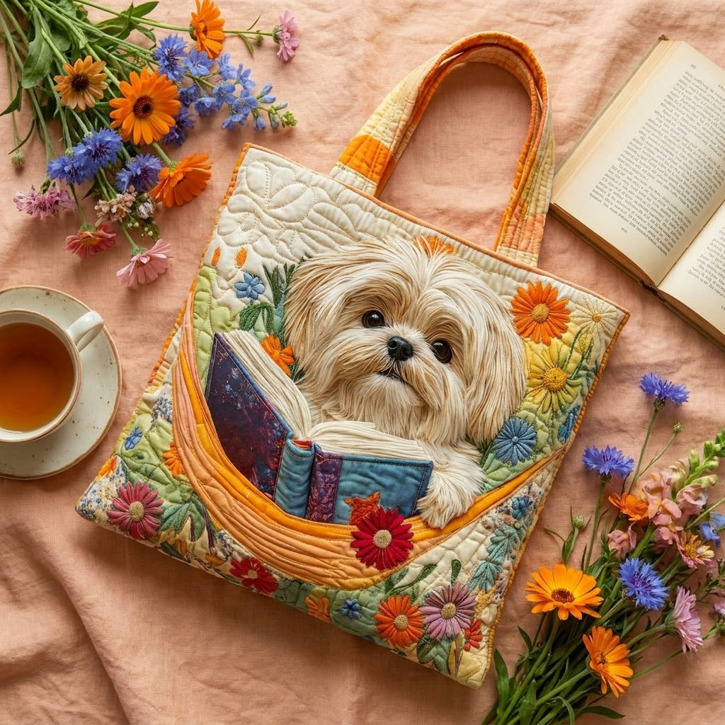 Ambachtelijke Tas - Shih Tzu met Boeken en Bloemen