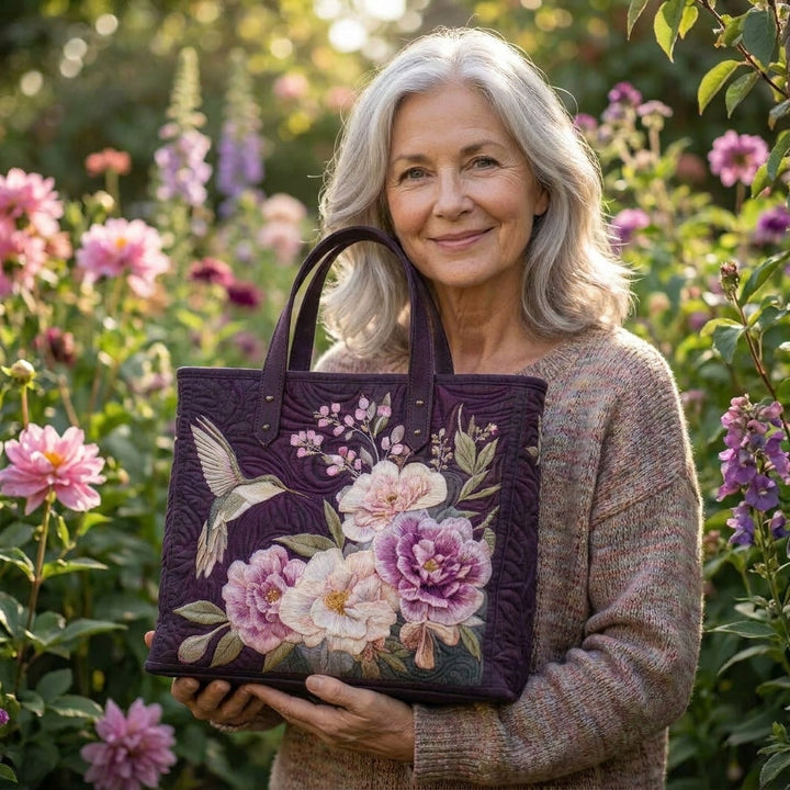 Handgefertigte Stepptasche - Kolibris und Orchideen
