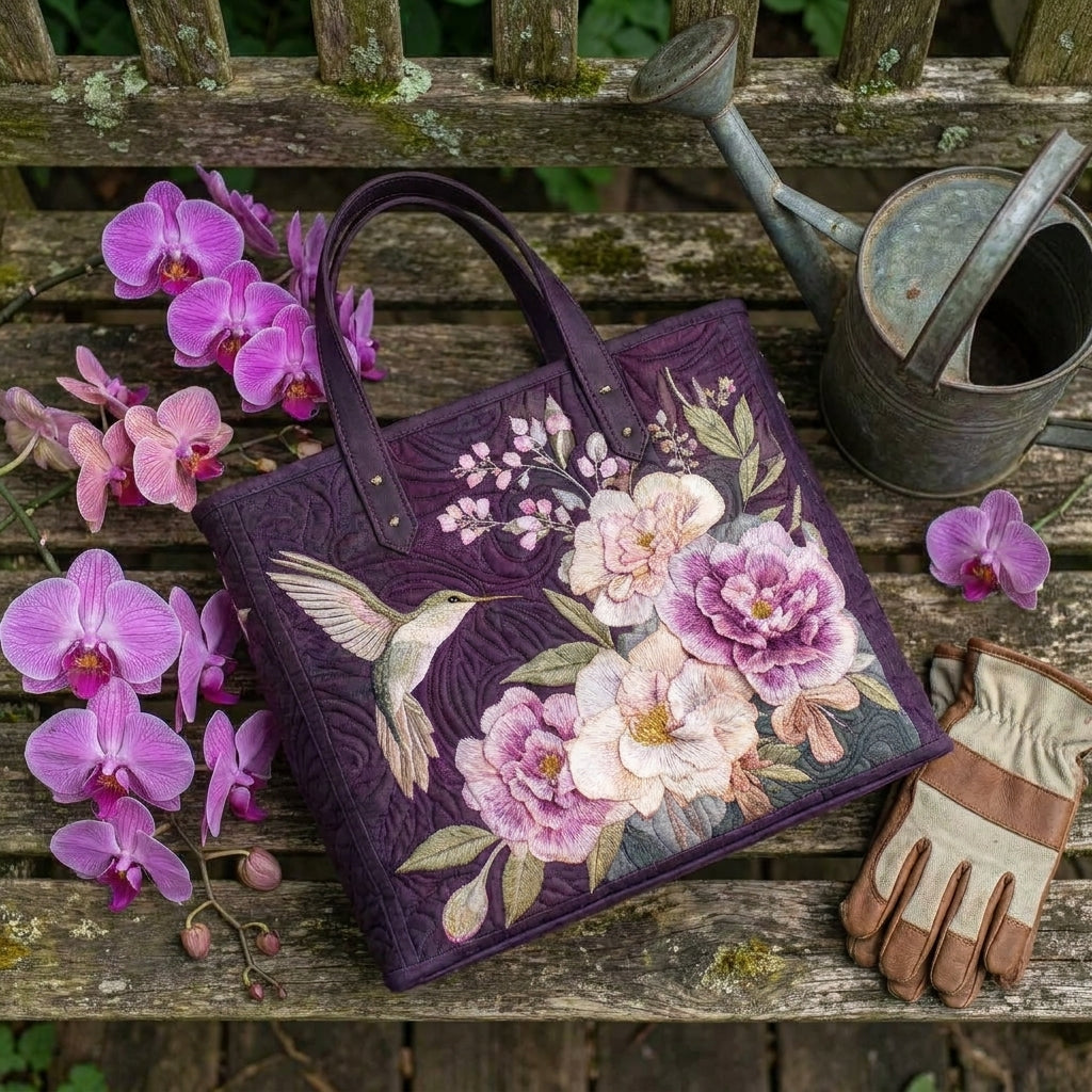 Handgefertigte Stepptasche - Kolibris und Orchideen