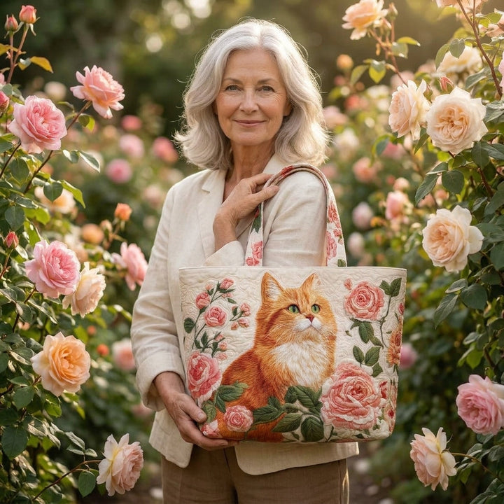 Handwerkliche Tasche - Orange Katze mit Rosen