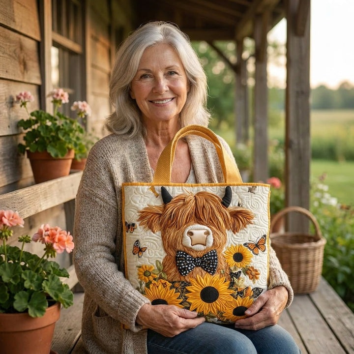 Gequilt Tas - Hoogland Koe met Zonnebloemen