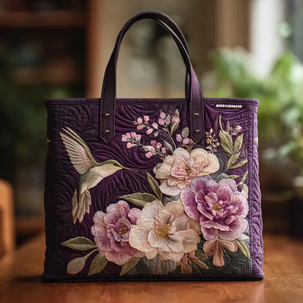 Handgefertigte Stepptasche - Kolibris und Orchideen