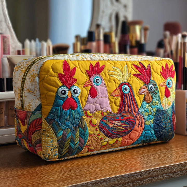 Wobbina - Gesteppte Kulturtasche Bestickte Hühner im Gras