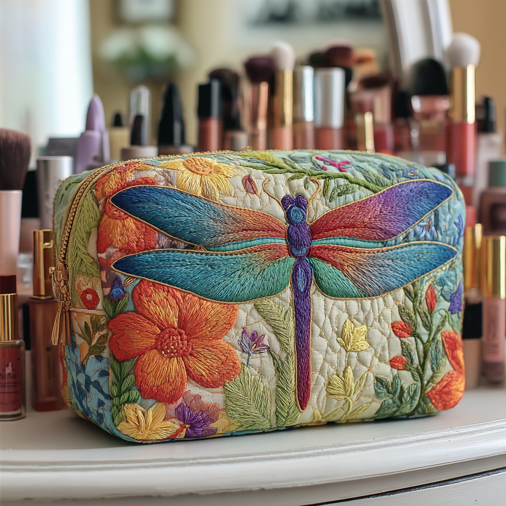 Lisa – Gesteppte Kulturtasche mit goldener Libelle