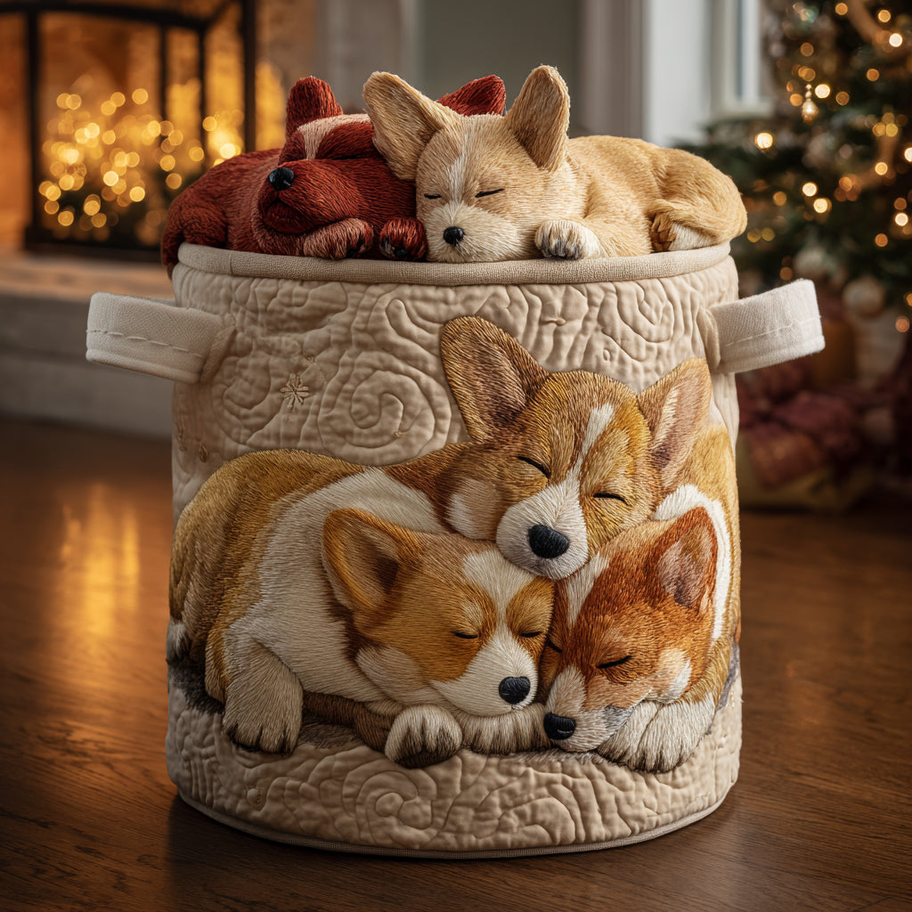 Gesteppter Wäschekorb – Corgi im Urlaub