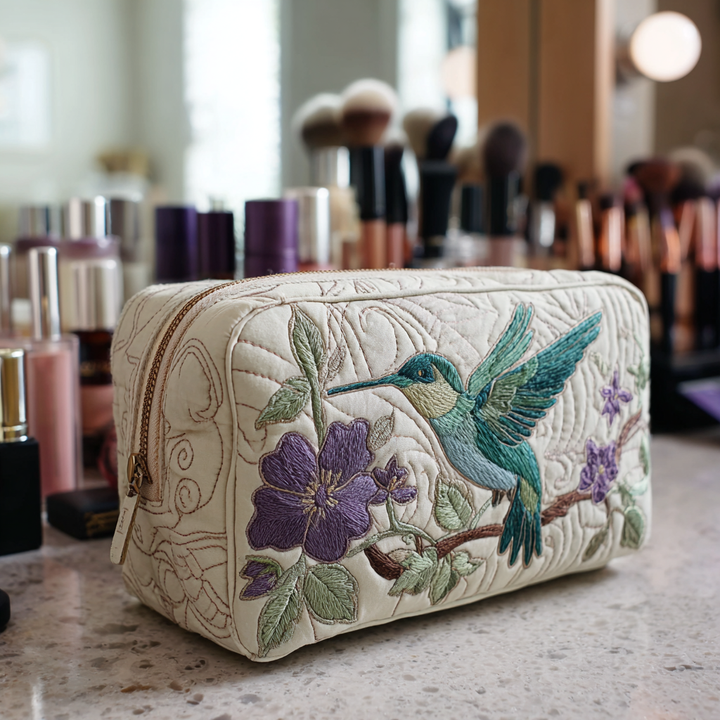 Nathalie – Gesteppter Kulturbeutel Kolibris und Blumen