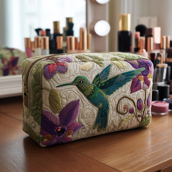 Angela - Quilted Kulturtasche Bestickter Kolibri-Garten