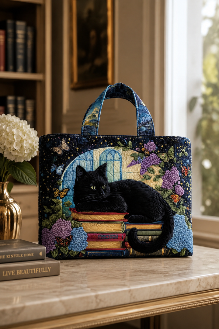 Ambachtelijke Tas - Zwarte Kat op Boeken