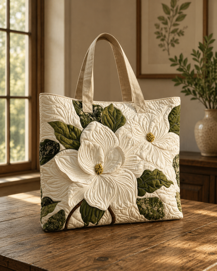 Ambachtelijke Gequiltte Tote Bag - Elegante Witte Lelies