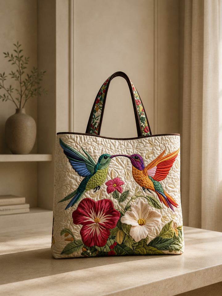 Gesteppte Tasche – Kolibri und weiße Blumen