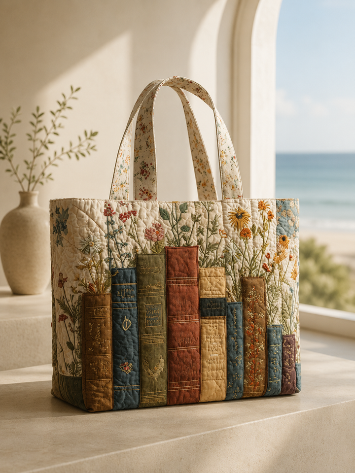 Ambachtelijke Gequiltte Tas - Boeken en Bloemen