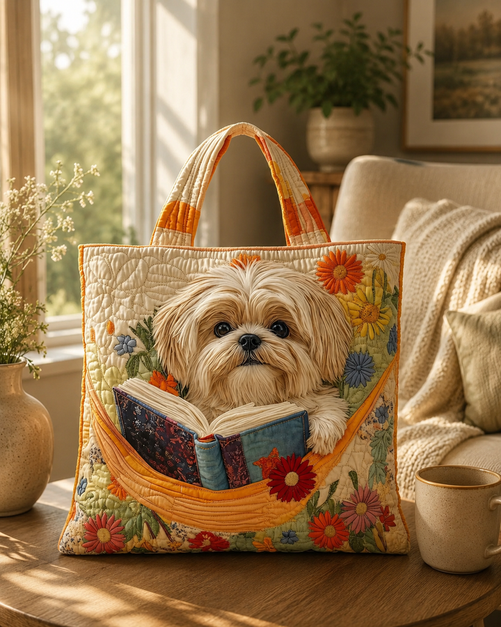 Ambachtelijke Tas - Shih Tzu met Boeken en Bloemen