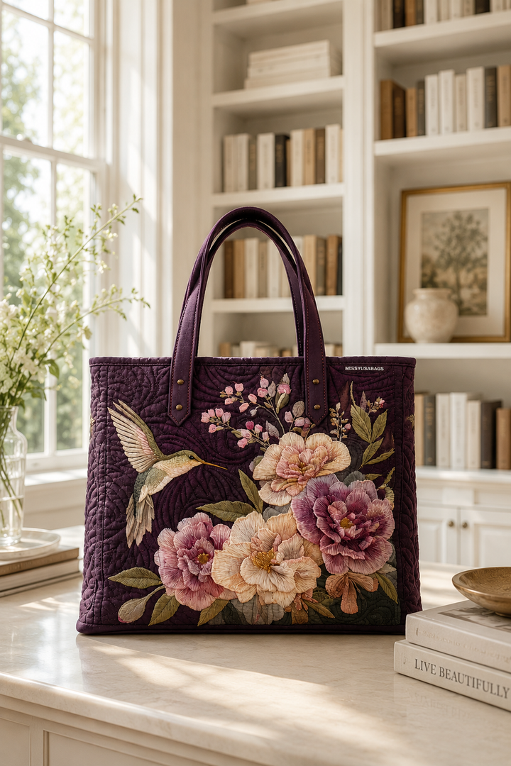 Handgefertigte Stepptasche - Kolibris und Orchideen
