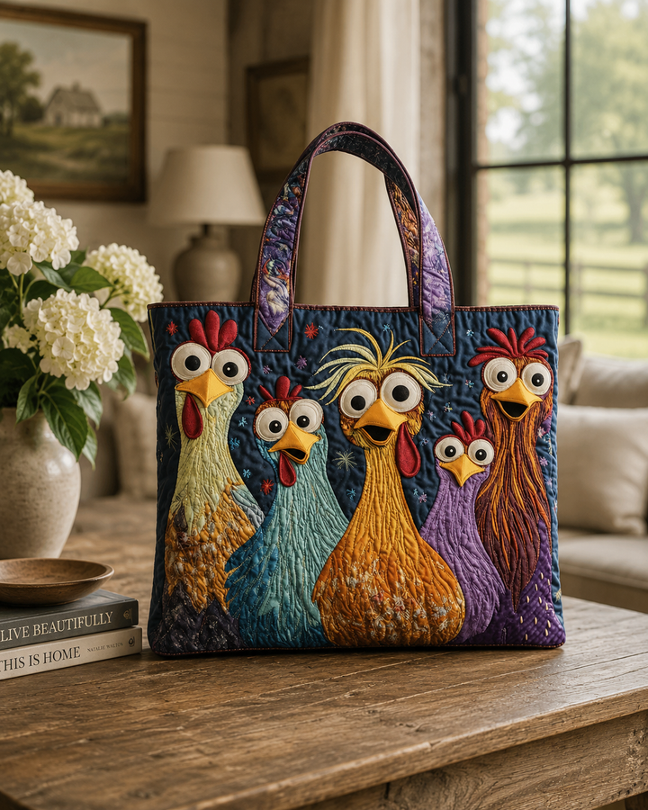 Handwerkliche Tasche - Fünf bunte Hühner