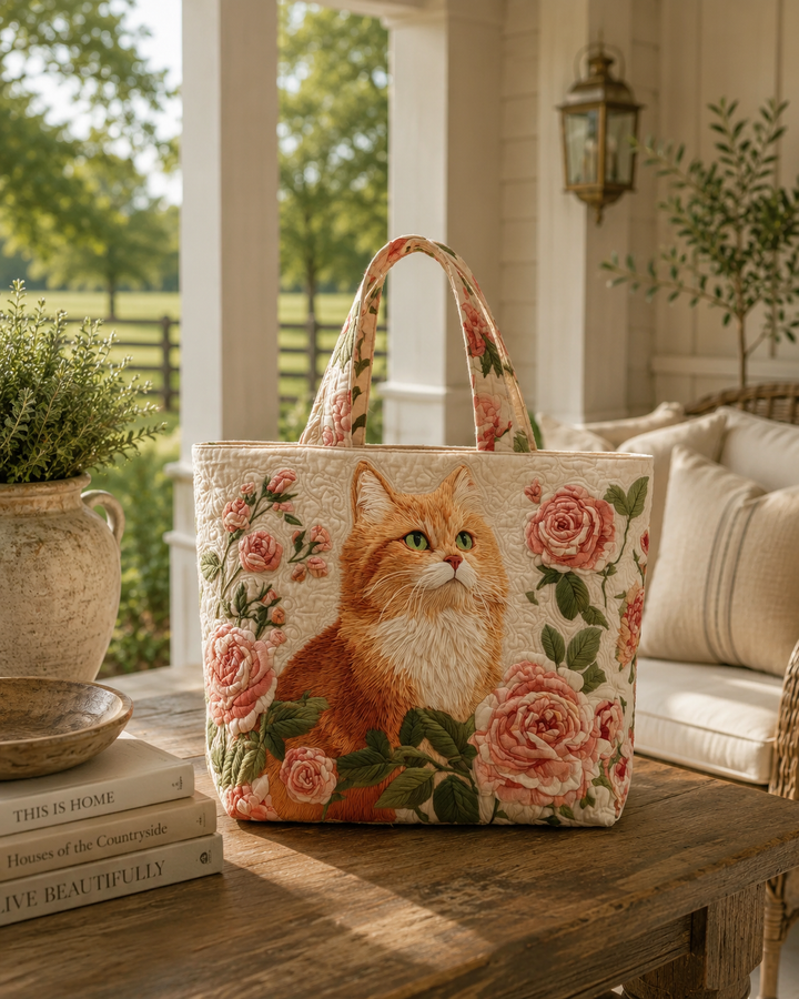 Handwerkliche Tasche - Orange Katze mit Rosen