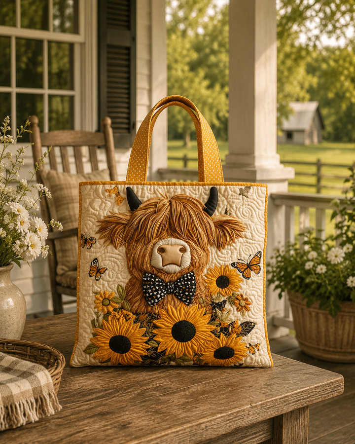 Gequilt Tas - Hoogland Koe met Zonnebloemen