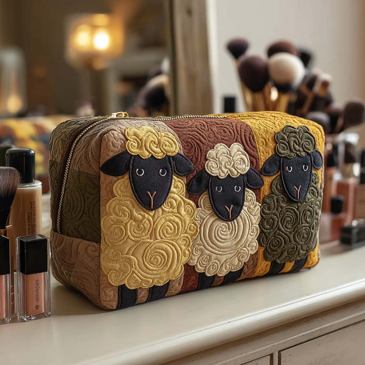 Sophie – Gesteppte Kulturtasche Steppmuster und Schaf-Trio