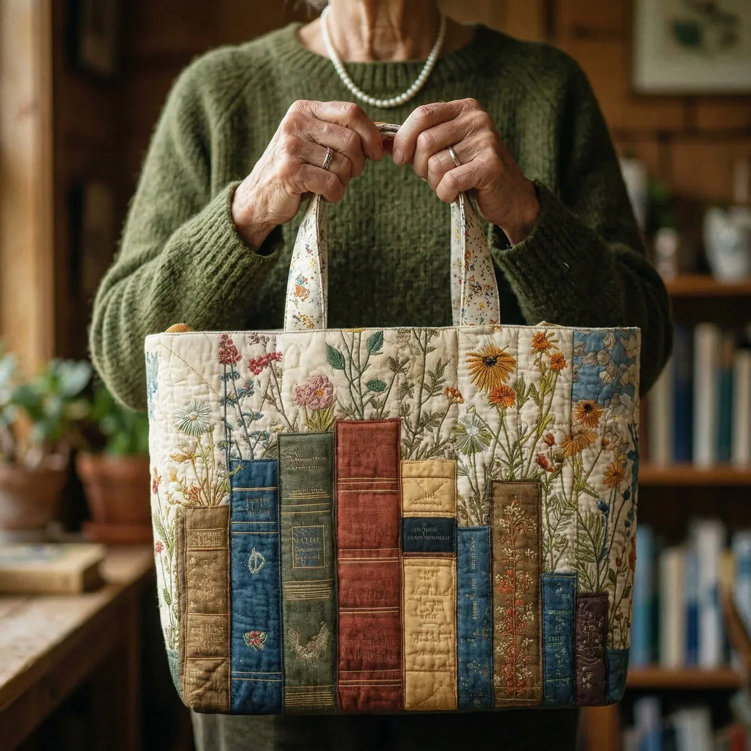 Ambachtelijke Gequiltte Tas - Boeken en Bloemen