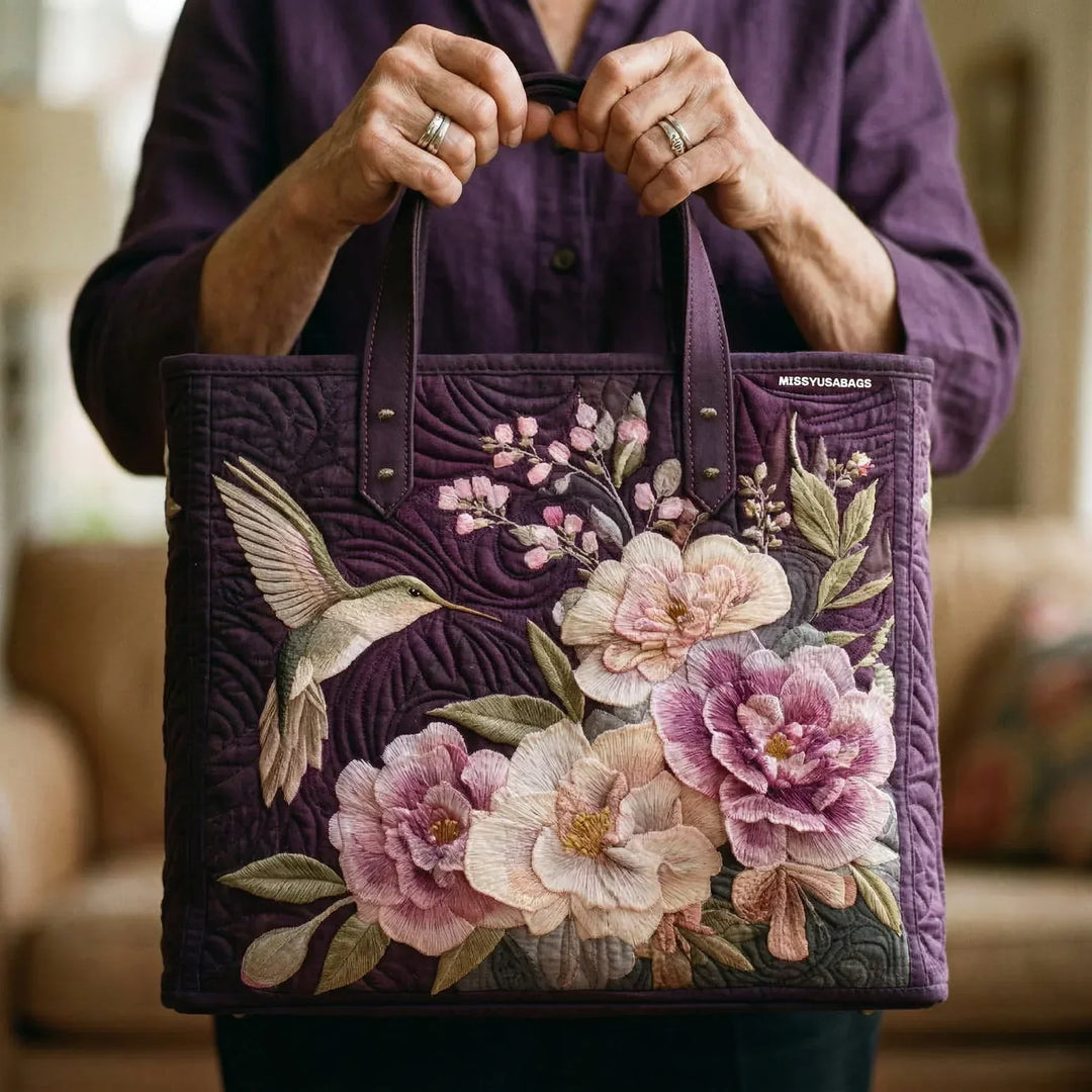Handgefertigte Stepptasche - Kolibris und Orchideen